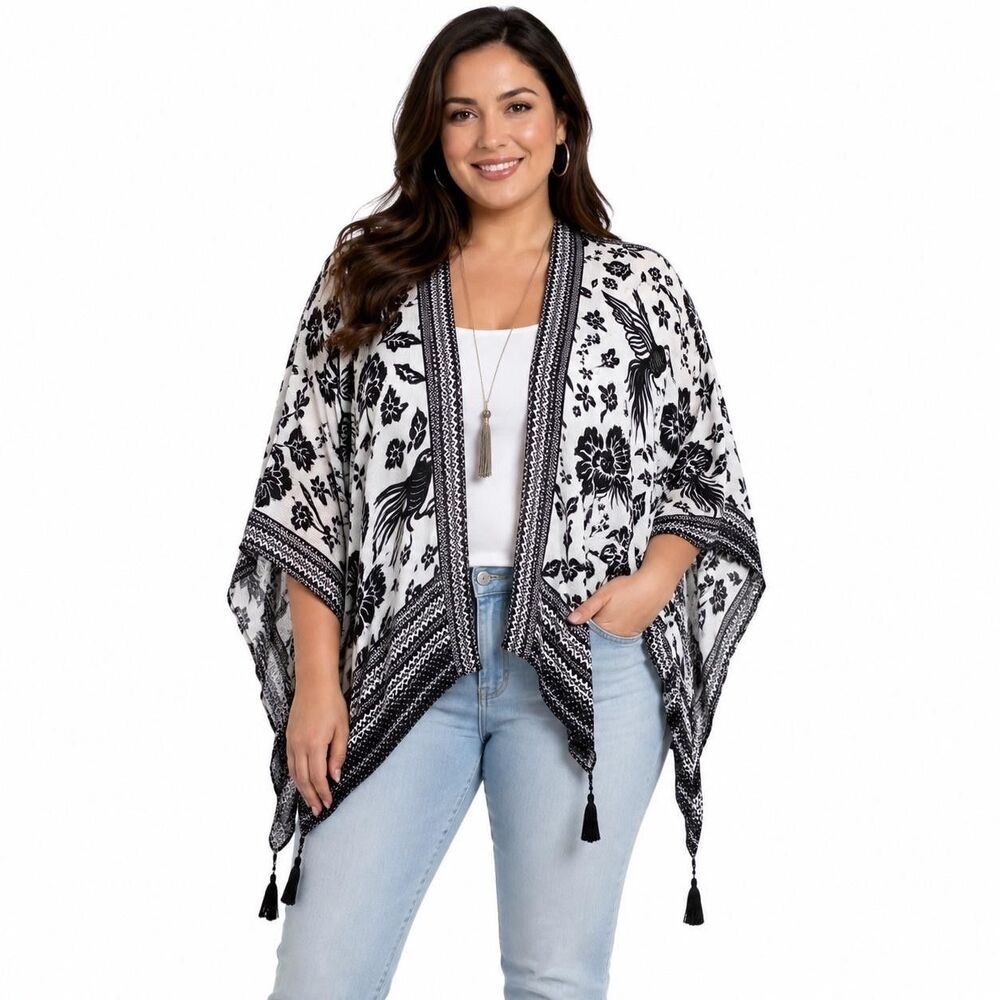 Vince Camuto Kimono Blouse Womens One Size White Floral Tassel 3/4 Sleeve Top